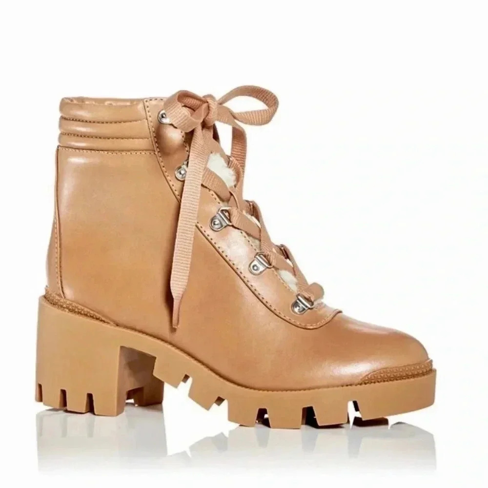 Aqua Brand New Leather Sherpa Fur Combat Lace Up Boots Chunky NWT